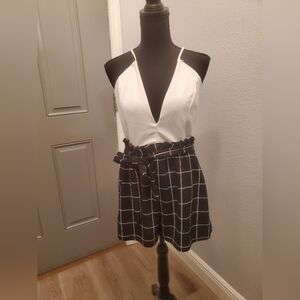 Fashion Nova Spaghetti Strap Long V- Neck Open Back Black and White Romper